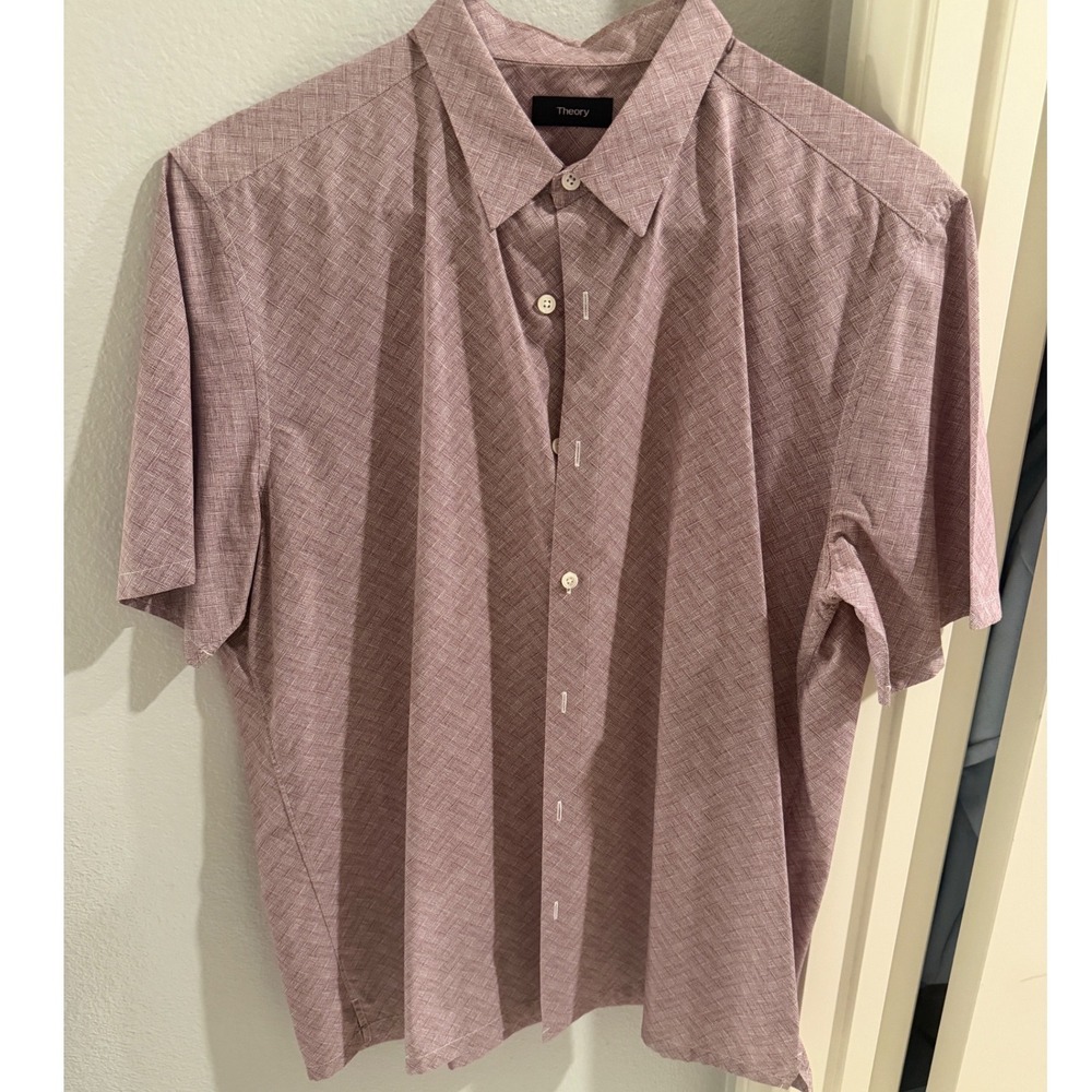 Theory Mens Short Sleeve Button Down Shirt Mauve Light Maroon Crosshatch
